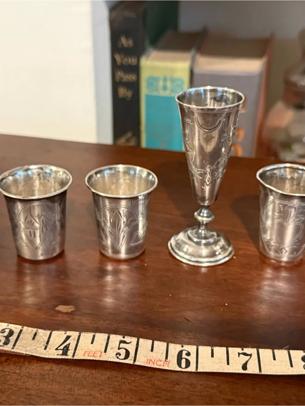 Antique Silver-Plated Engraved Shot Glass and Goblet Set